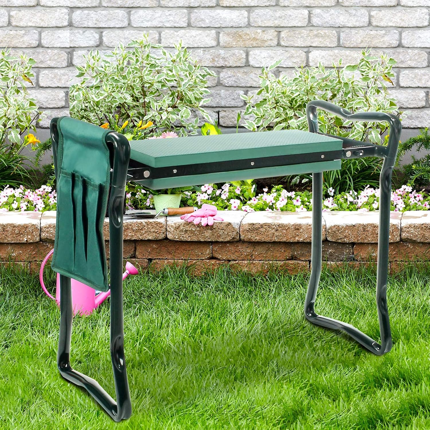 Banc jardinage vert — 2-en-1 confortable — 5