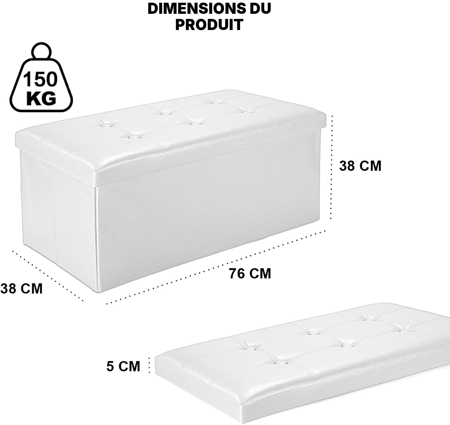 Banc coffre pliant avec rangement blanc — assise facile — 2