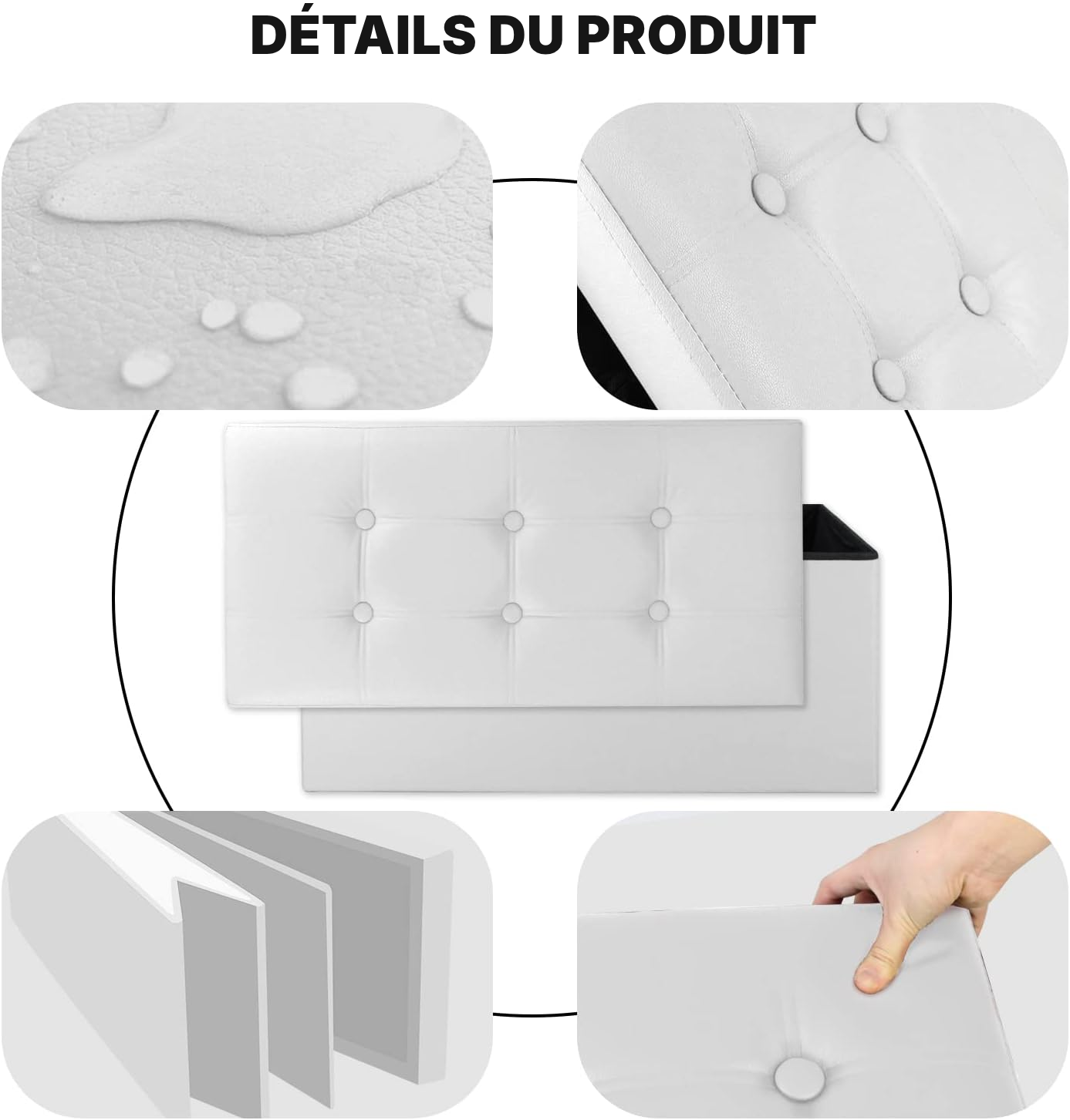 Banc coffre pliant avec rangement blanc — assise facile — 3