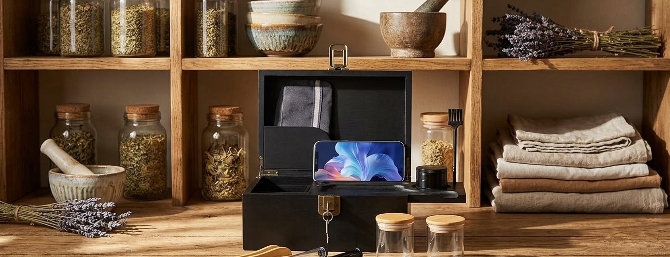Boîte de rangement bambou noire sécurisée