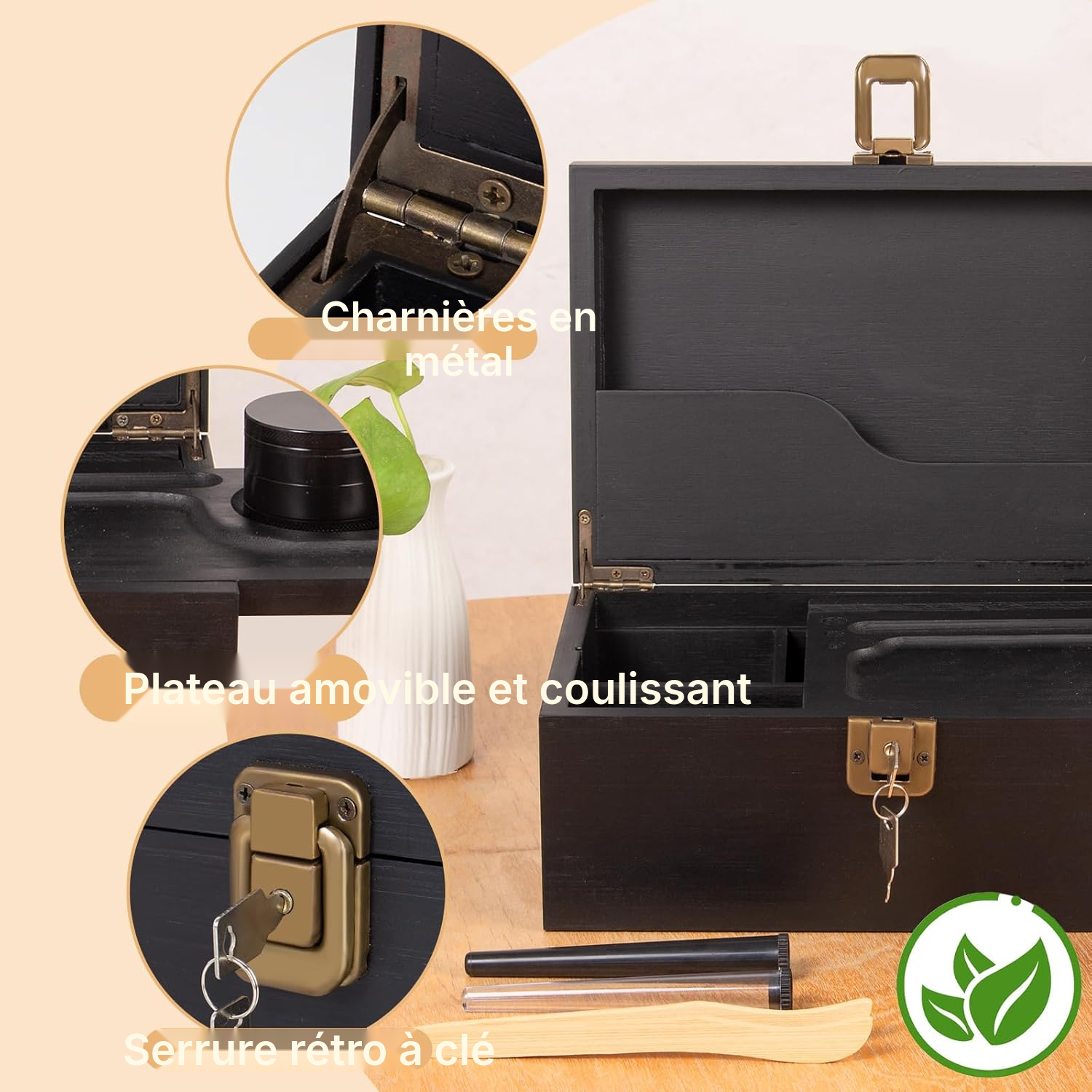 Boîte de rangement bambou noire sécurisée — 2