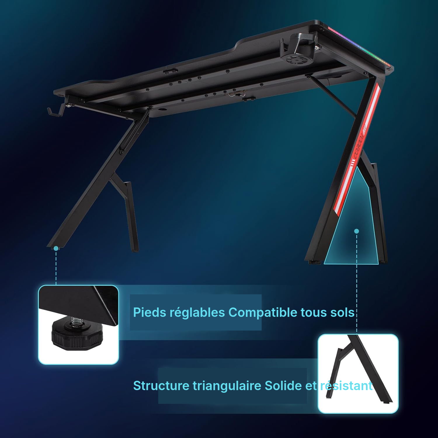 Bureau pour gamer 140 cm LED, setup net — 6