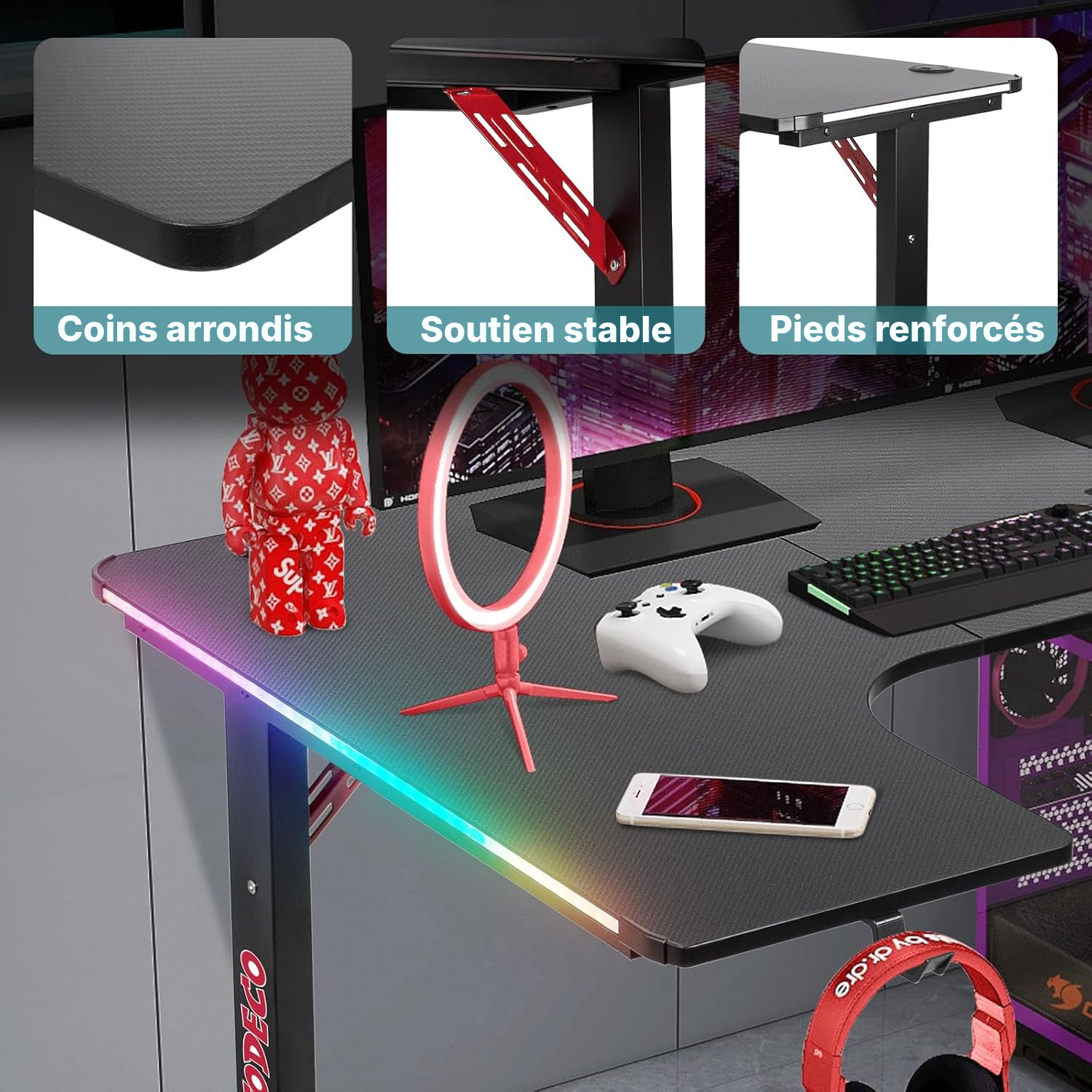 Bureau pour gamer 140 cm — angle RGB — 4