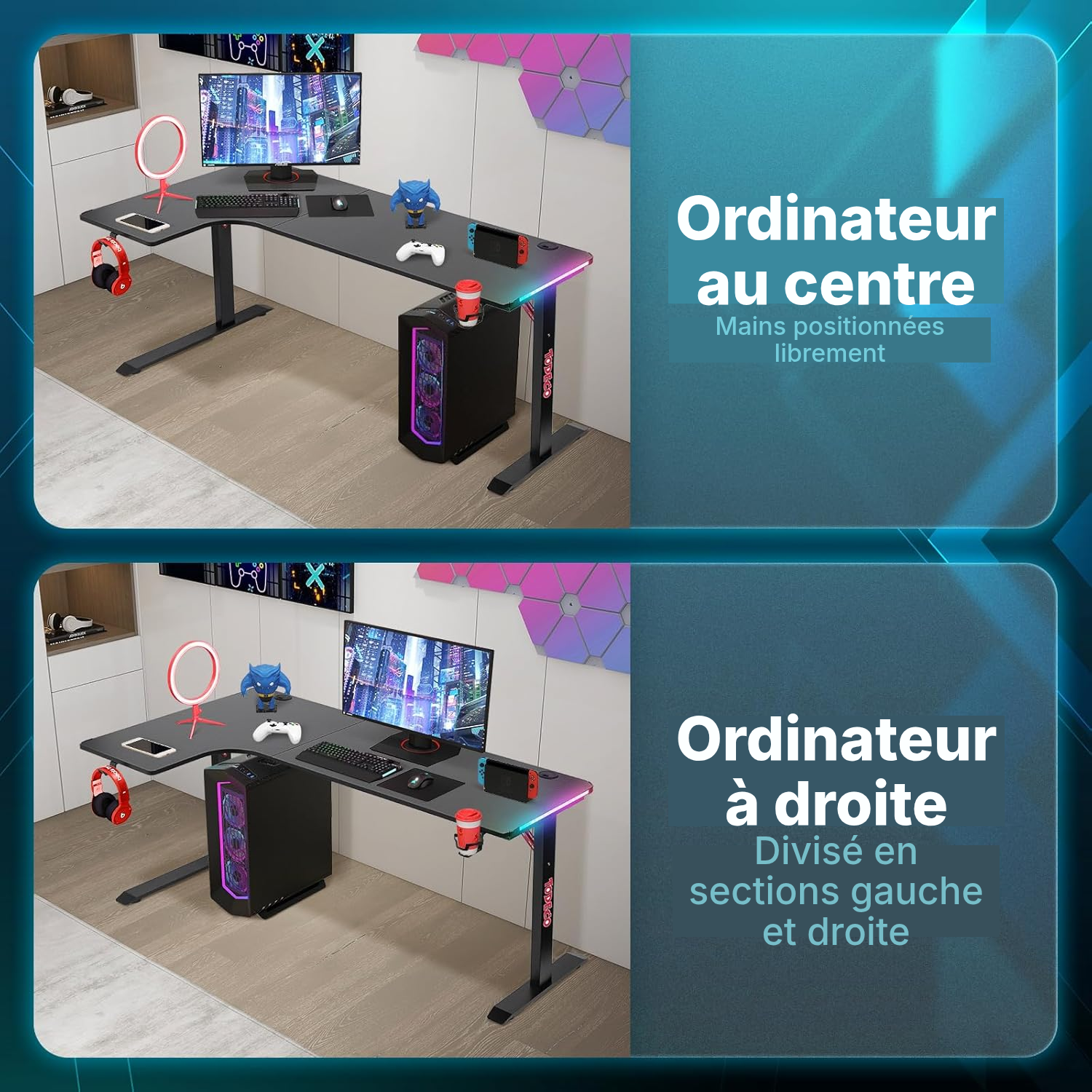 Bureau gaming en L 160 cm, setup RGB — 2