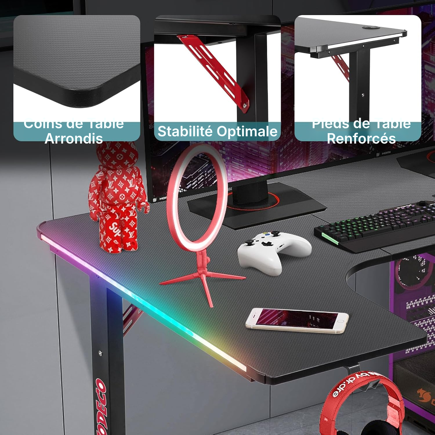 Bureau gaming en L 160 cm, setup RGB — 4