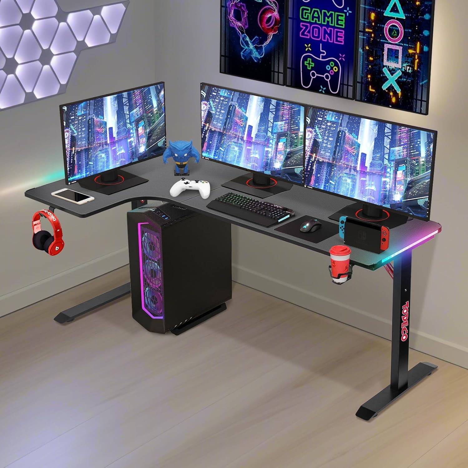 Bureau gaming en L 160 cm, setup RGB — 6