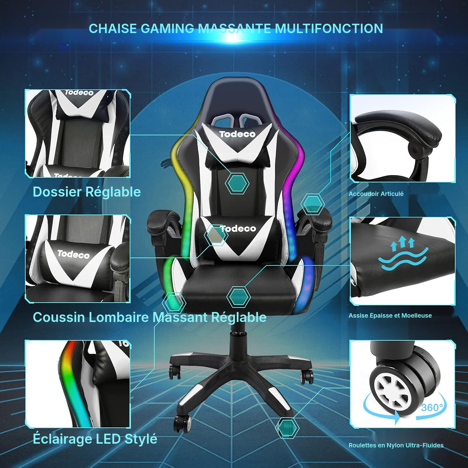 Fauteuil gaming blanc RGB massant — 3