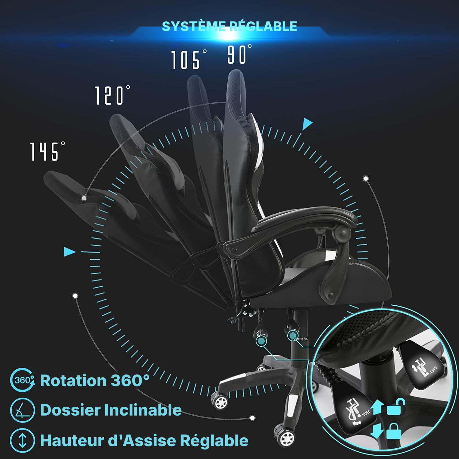 Fauteuil gaming blanc RGB massant — 5