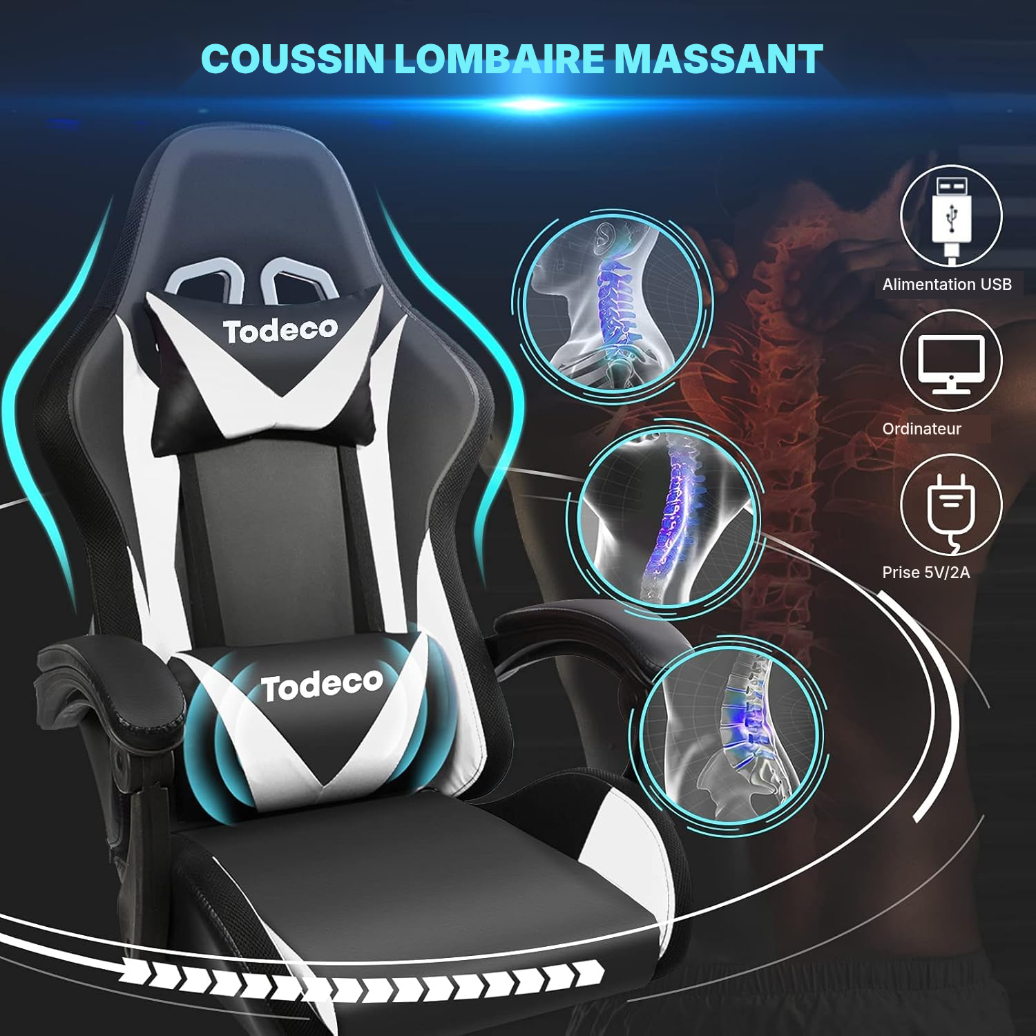 Fauteuil gaming blanc RGB massant — 6