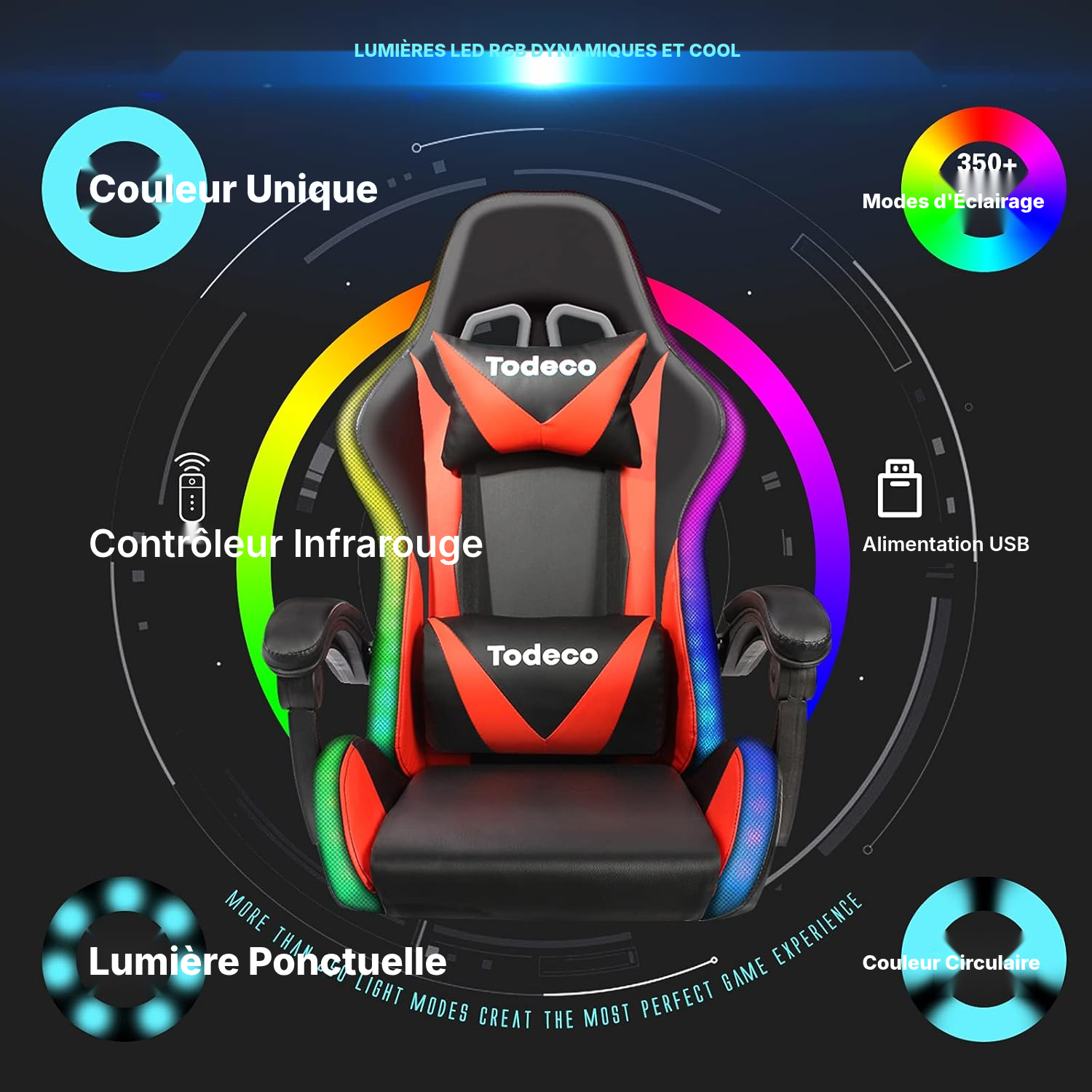 Chaise gaming rouge LED et massage — 4