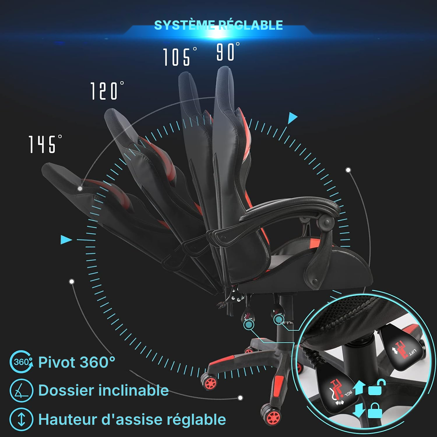 Chaise gaming rouge LED et massage — 5