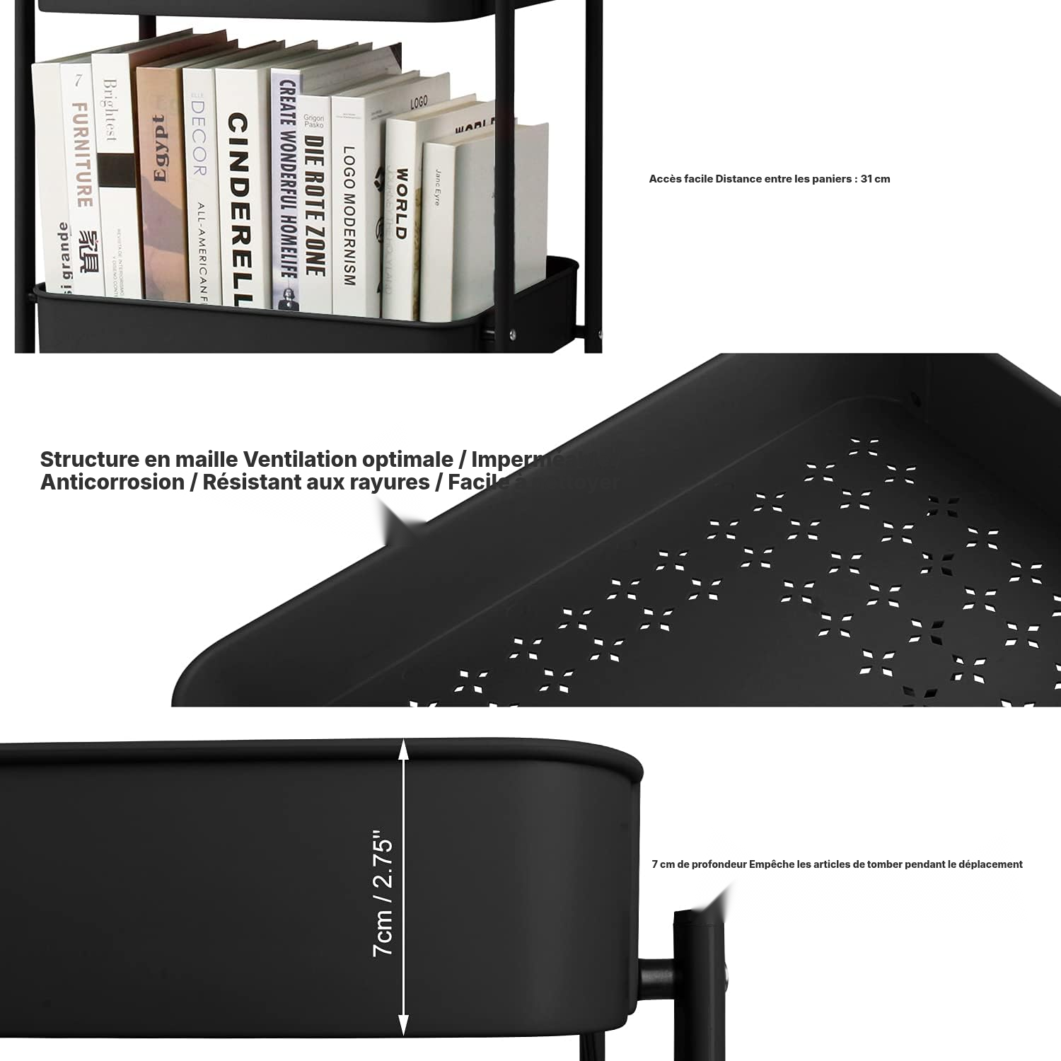 Desserte à roulette pliable noire — 3 niveaux — 3