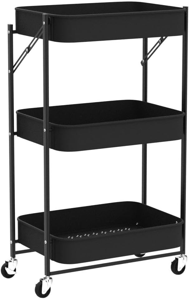 Desserte à roulette pliable noire — 3 niveaux — 6