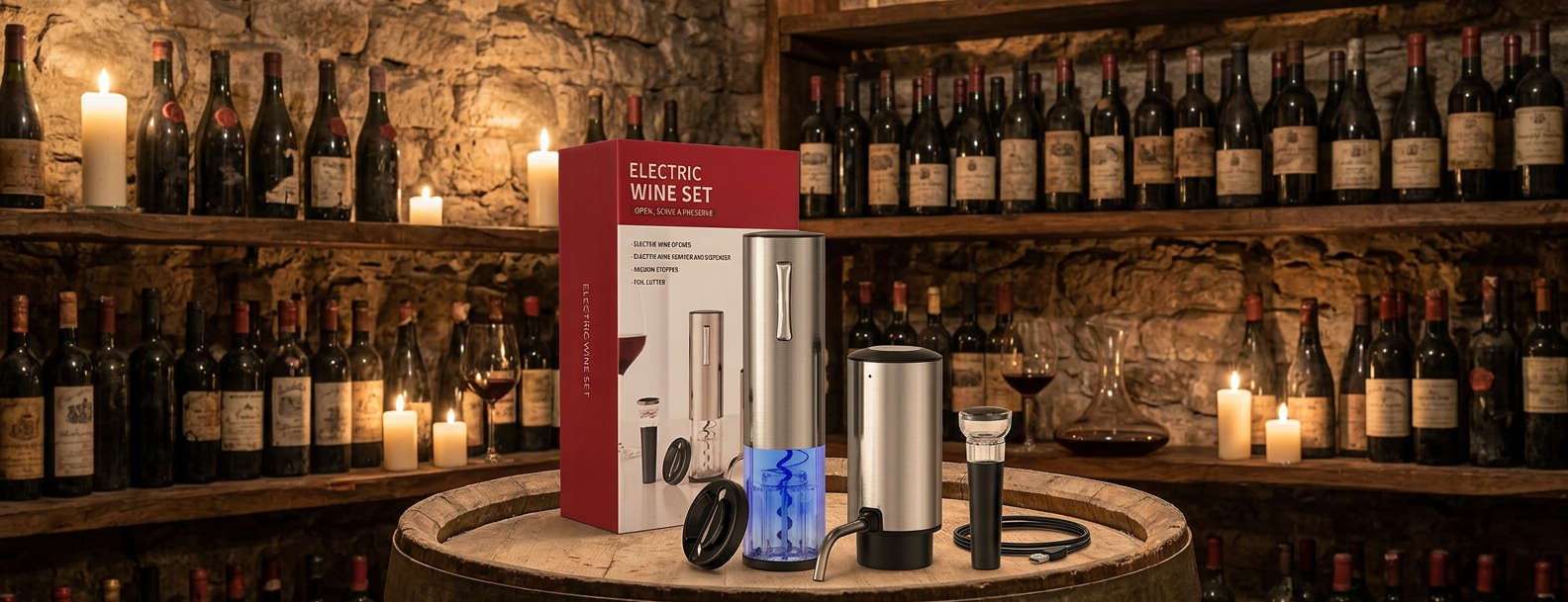 Coffret tire-bouchon électrique 4-en-1 argent