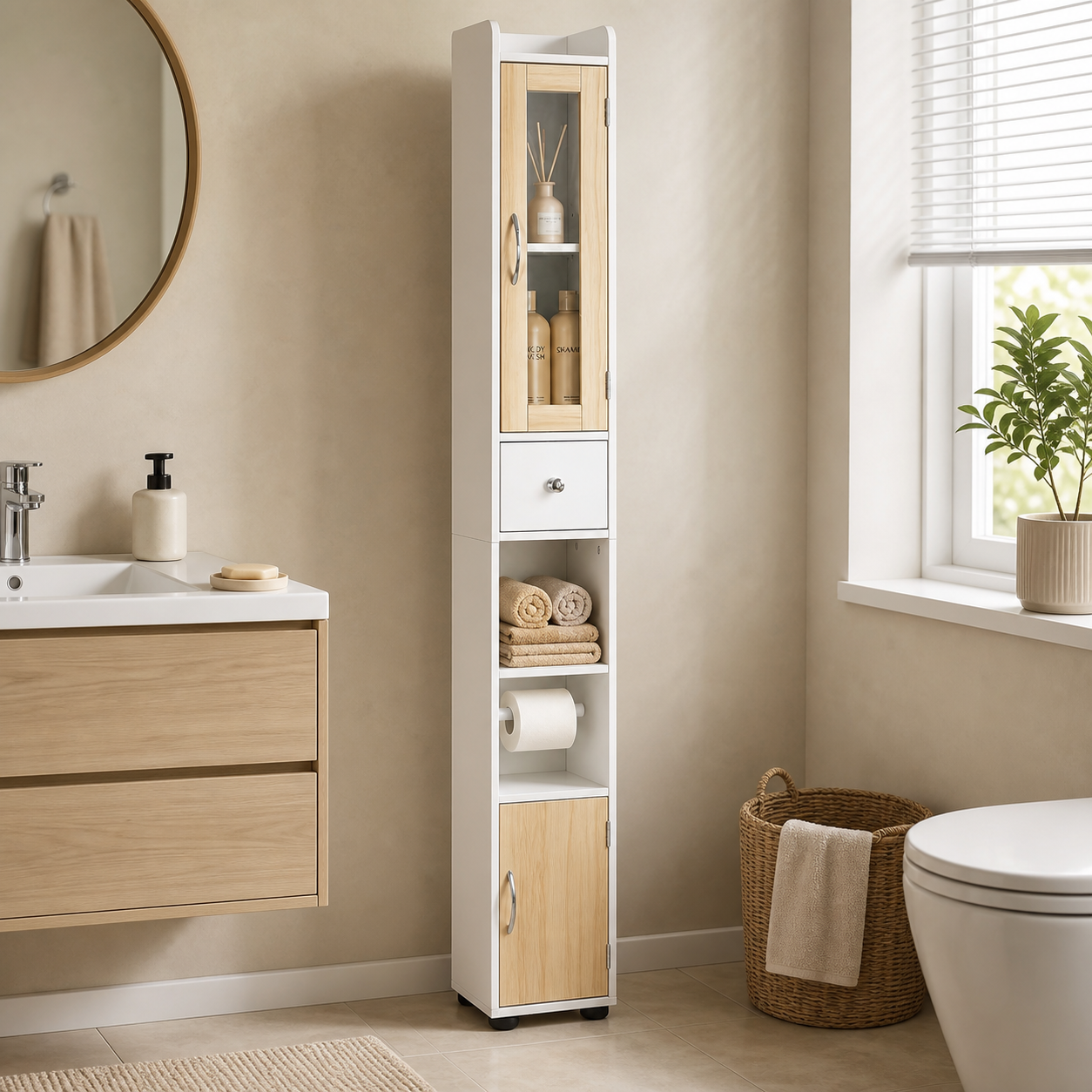 meuble de salle bain étroit — rangez en hauteur