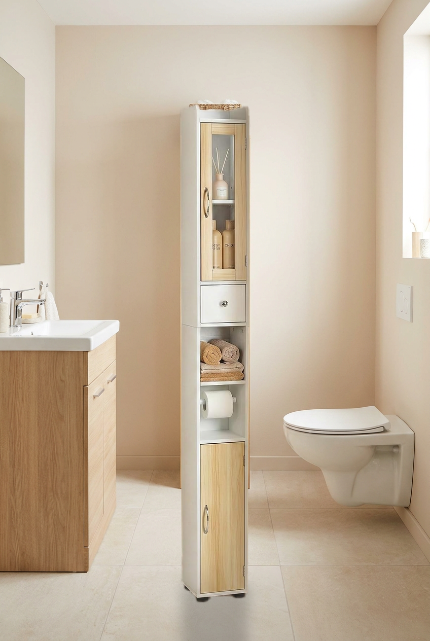 meuble de salle bain étroit — rangez en hauteur