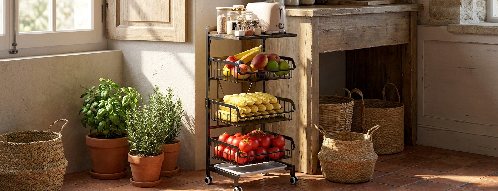 Cuisine desserte – 3 paniers, planche bois vintage