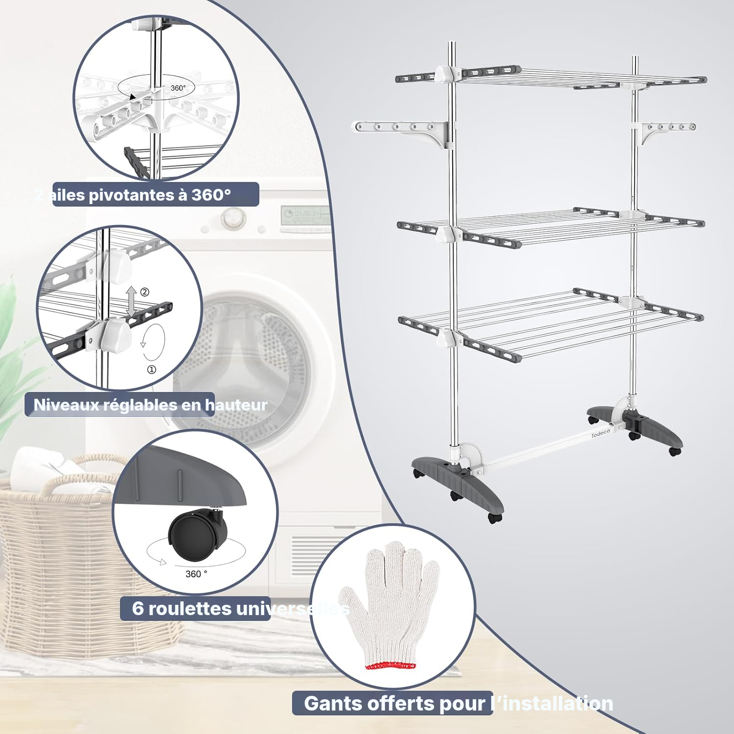 Étendoir pour linge pliable, 3 étagères — Gris/Blanc — 2