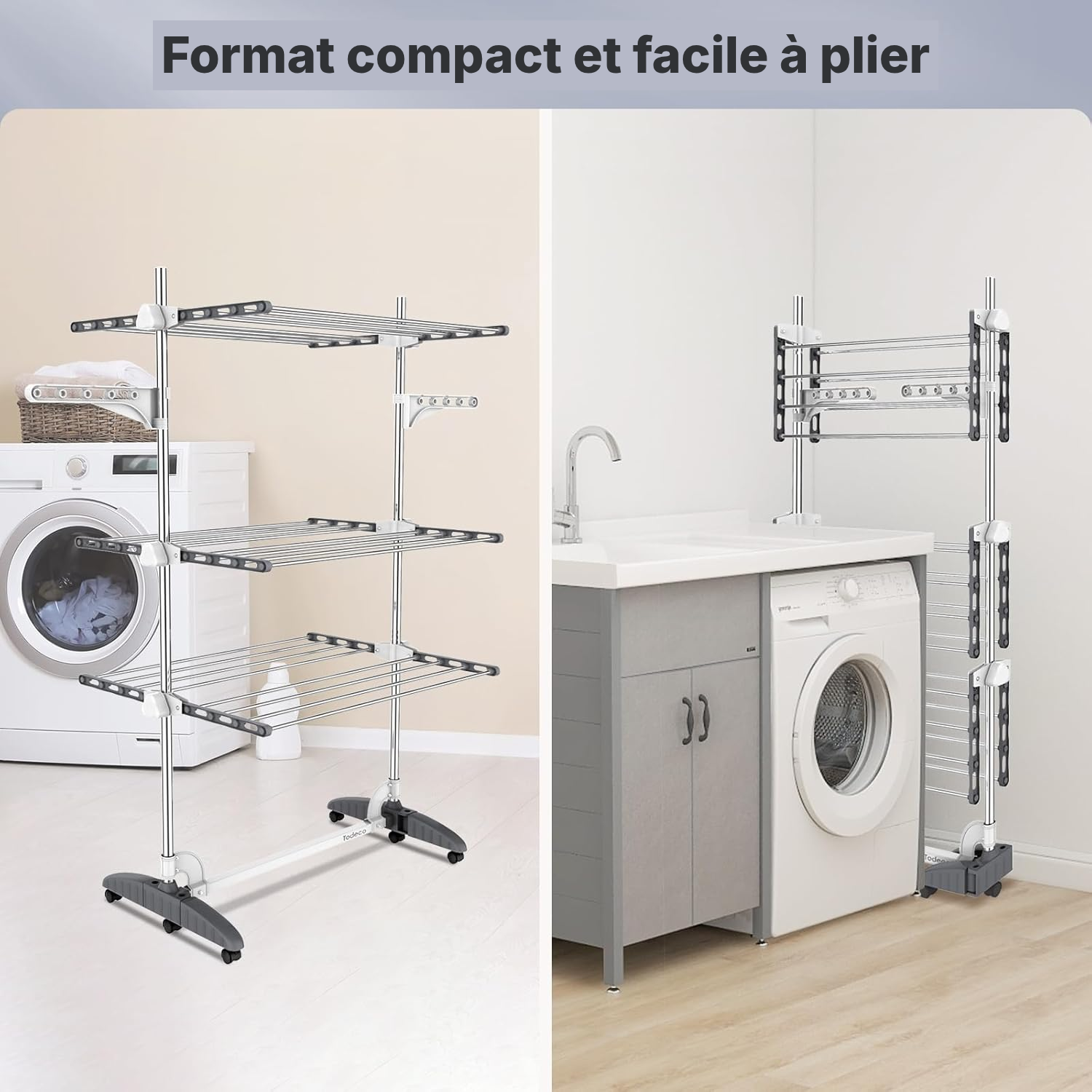 Étendoir pour linge pliable, 3 étagères — Gris/Blanc — 5