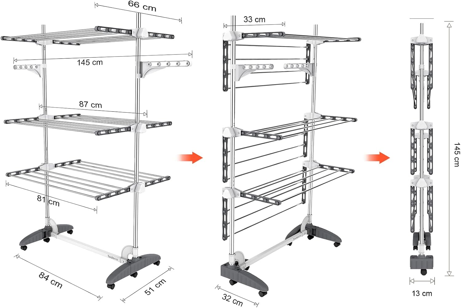 Étendoir pour linge pliable, 3 étagères — Gris/Blanc — 7