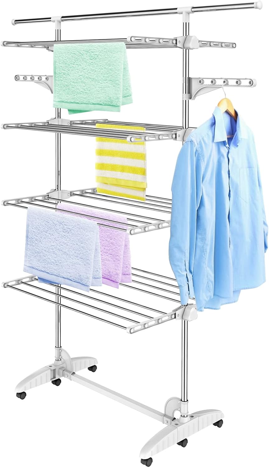 Séchoir pour le linge 4 étagères blanc barre rallongée