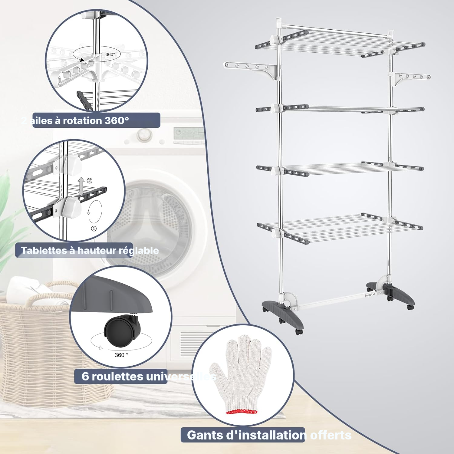 Étente à linge 4 étagères gris/blanc pliable — 2