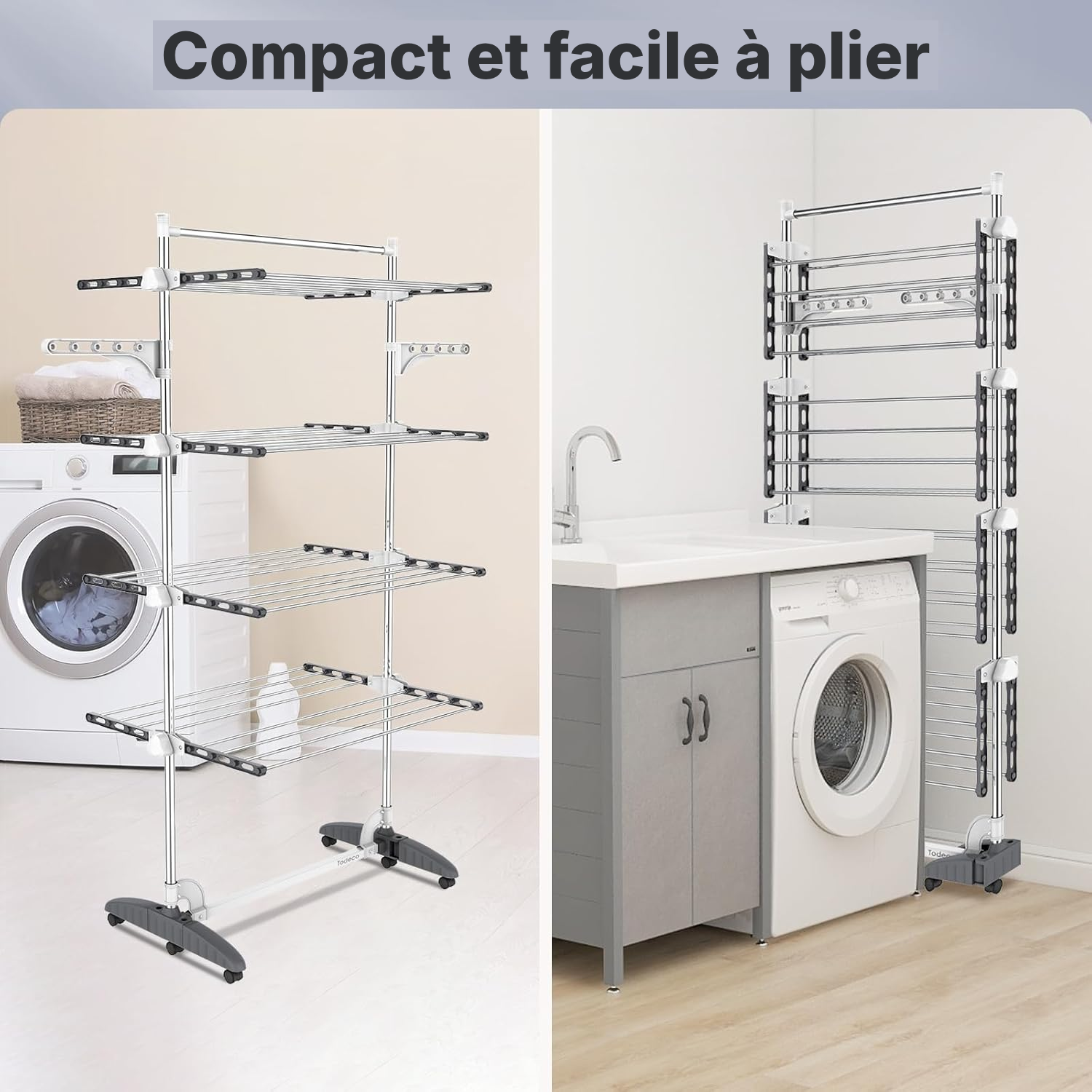 Étente à linge 4 étagères gris/blanc pliable — 5