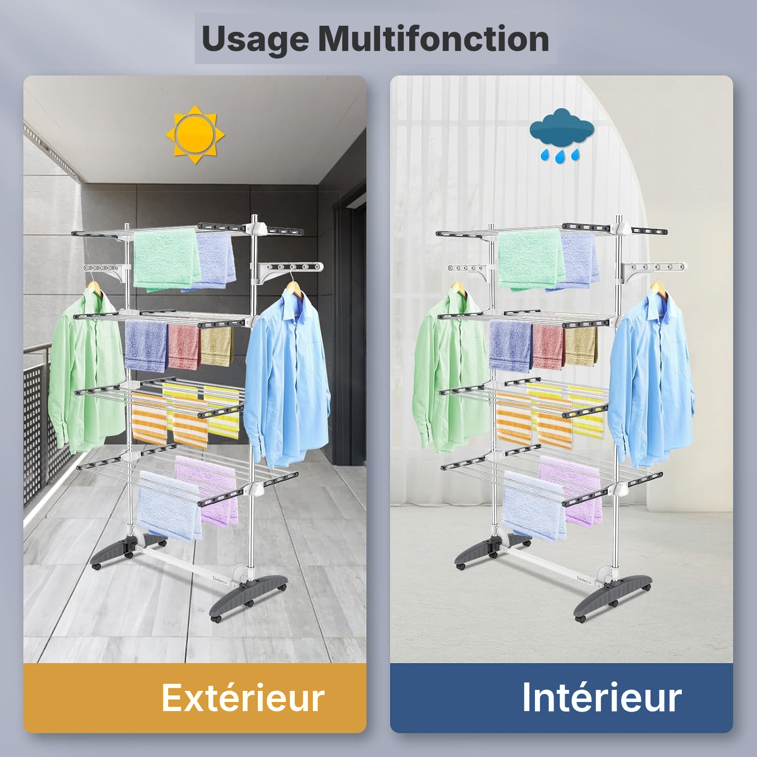 Étendoir à linge 4 étagères gris/blanc mobile — 4