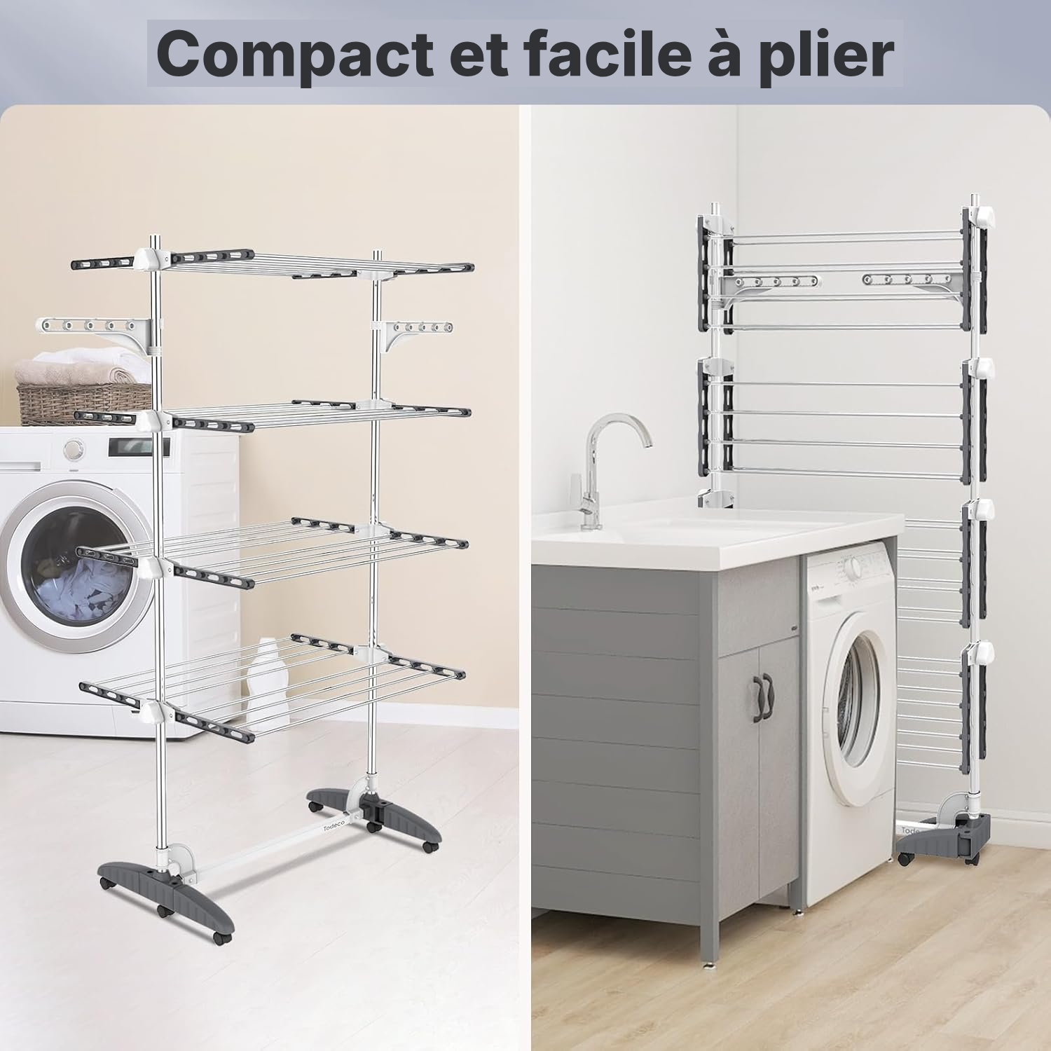 Étendoir à linge 4 étagères gris/blanc mobile — 5