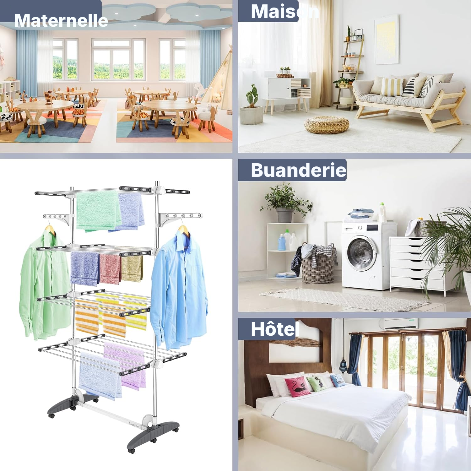 Étendoir à linge 4 étagères gris/blanc mobile — 6