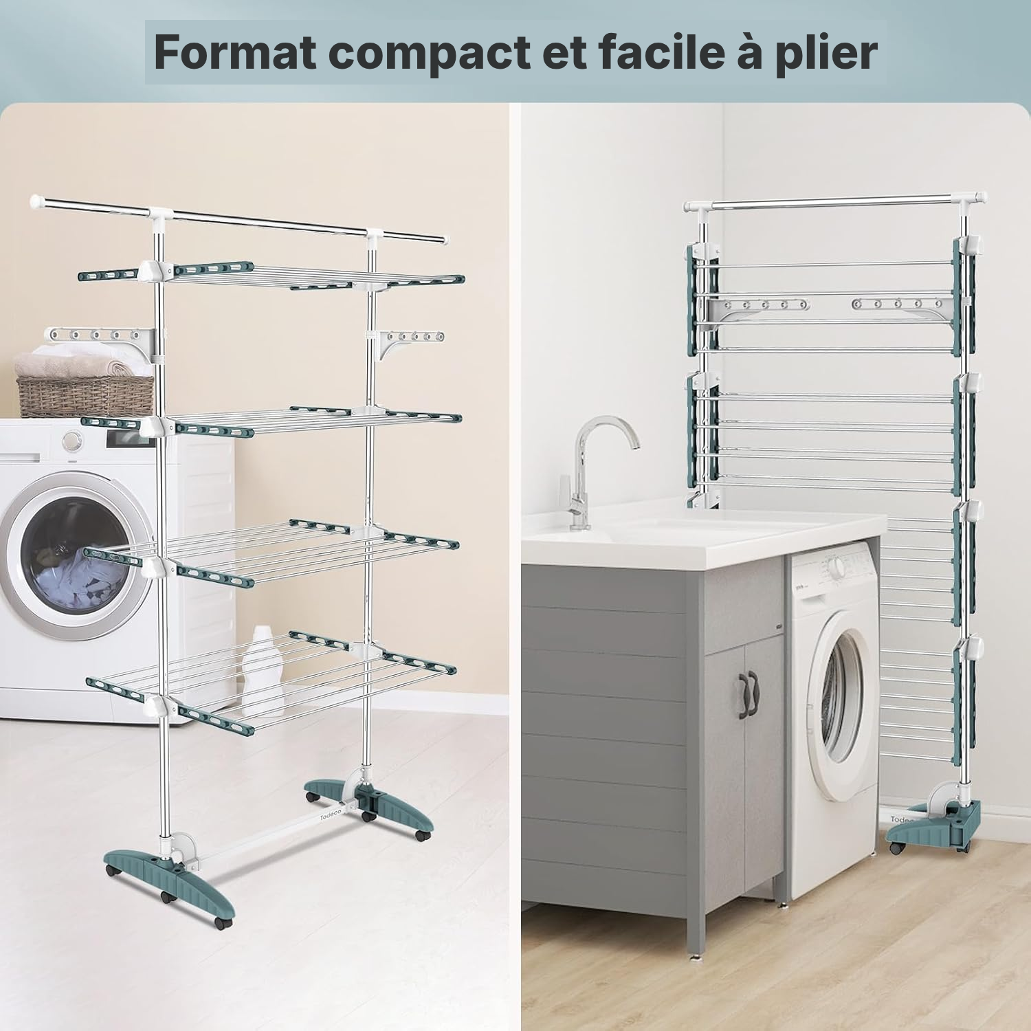 Étendoir à linge 4 niveaux — mobile, turquoise/blanc — 5