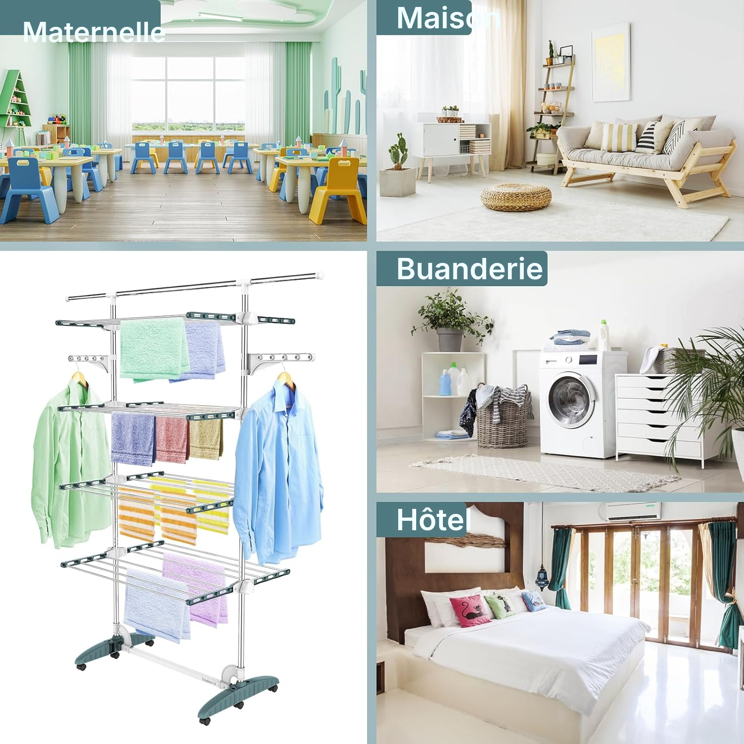 Étendoir à linge 4 niveaux — mobile, turquoise/blanc — 6