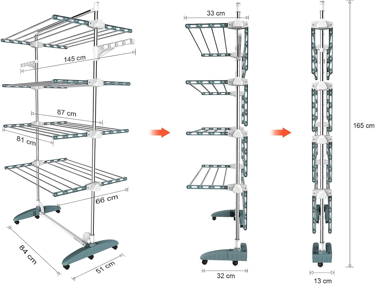 Étendage pour le linge 4 niveaux, Bleu sarcelle/Blanc — 4