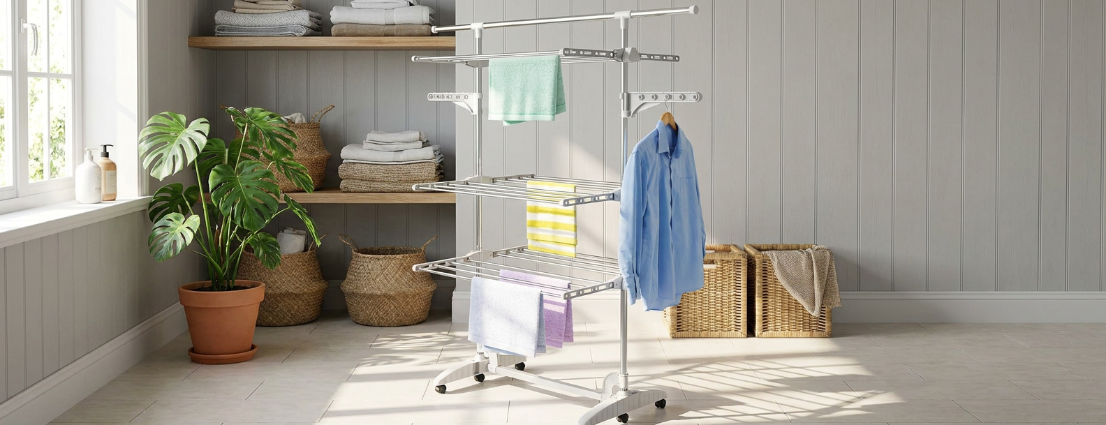 Étendage pour le linge, blanc, 3 étagères, rallongé
