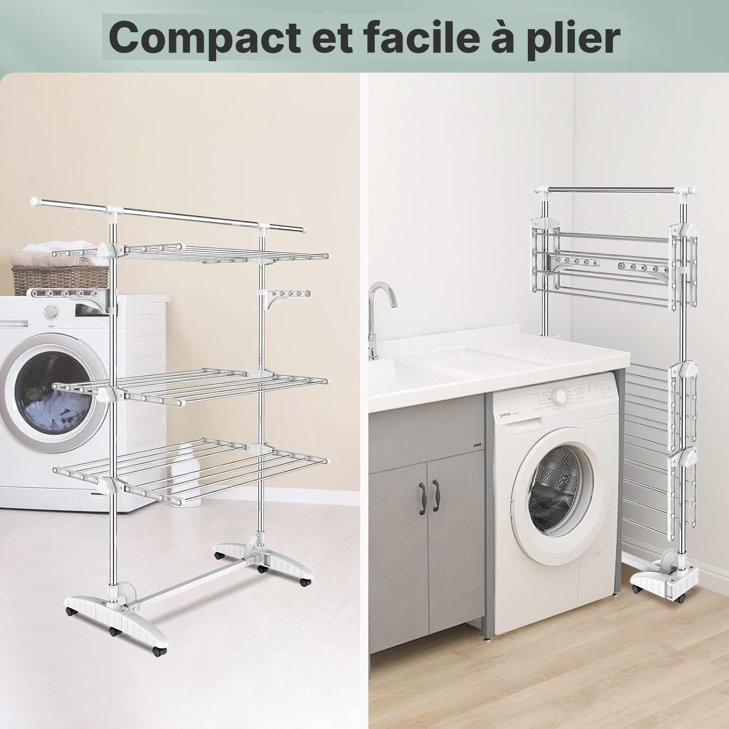 Étendage pour le linge, blanc, 3 étagères, rallongé — 6
