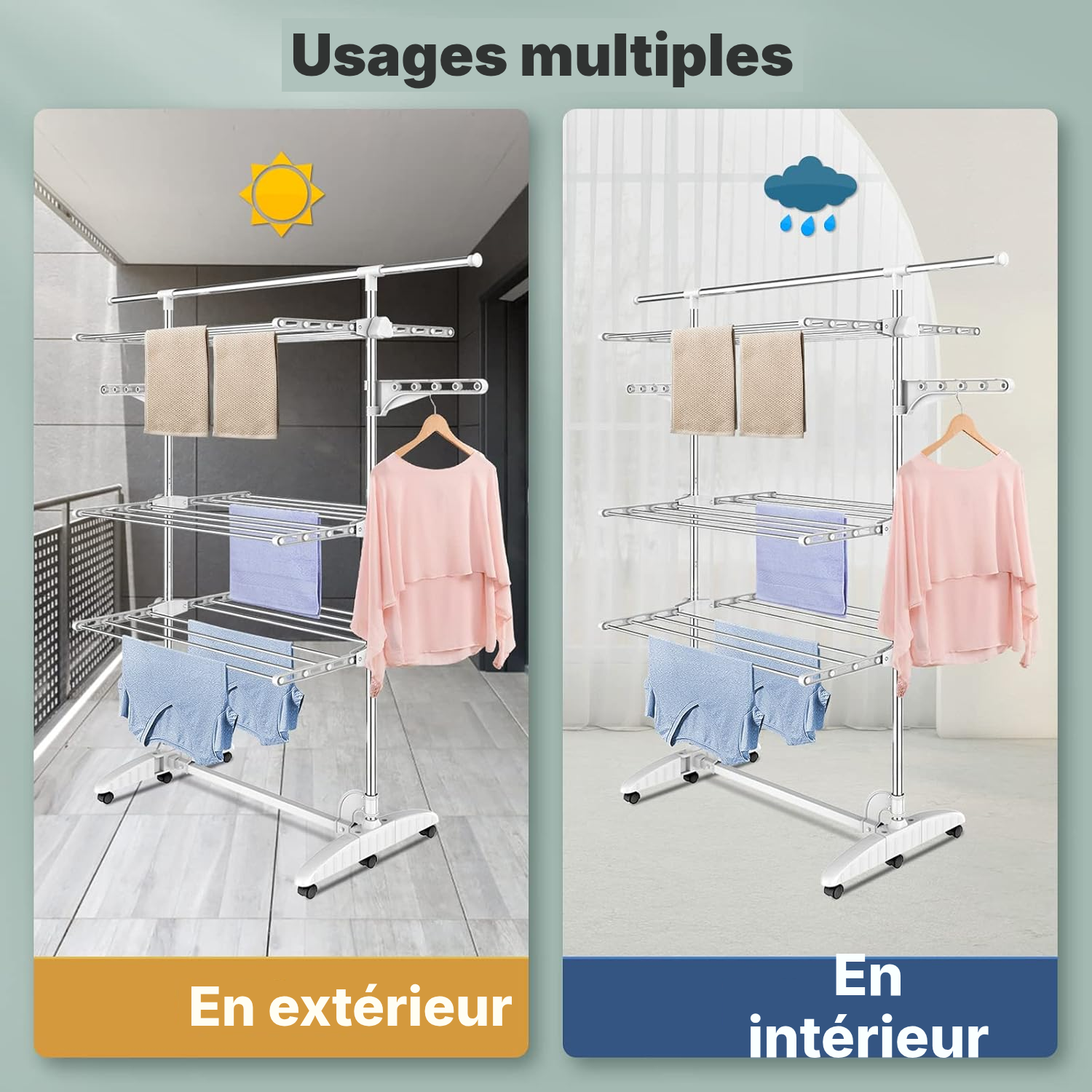 Étendage pour le linge, blanc, 3 étagères, rallongé — 7