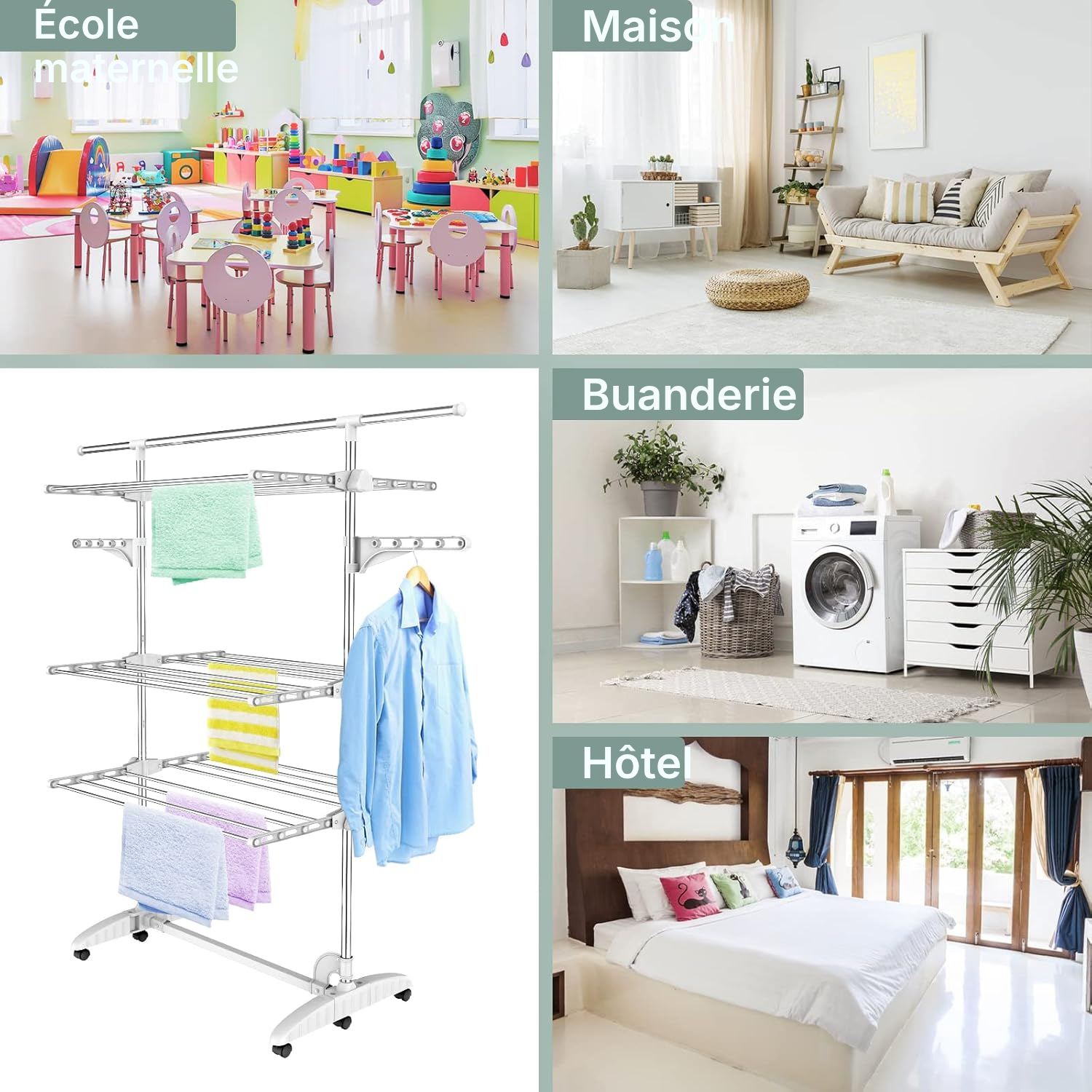 Étendage pour le linge, blanc, 3 étagères, rallongé — 9
