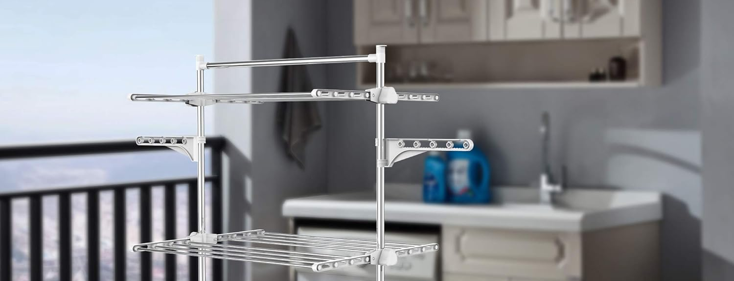 Étendoir blanc 3 étag. ailes/barre — étente à linge