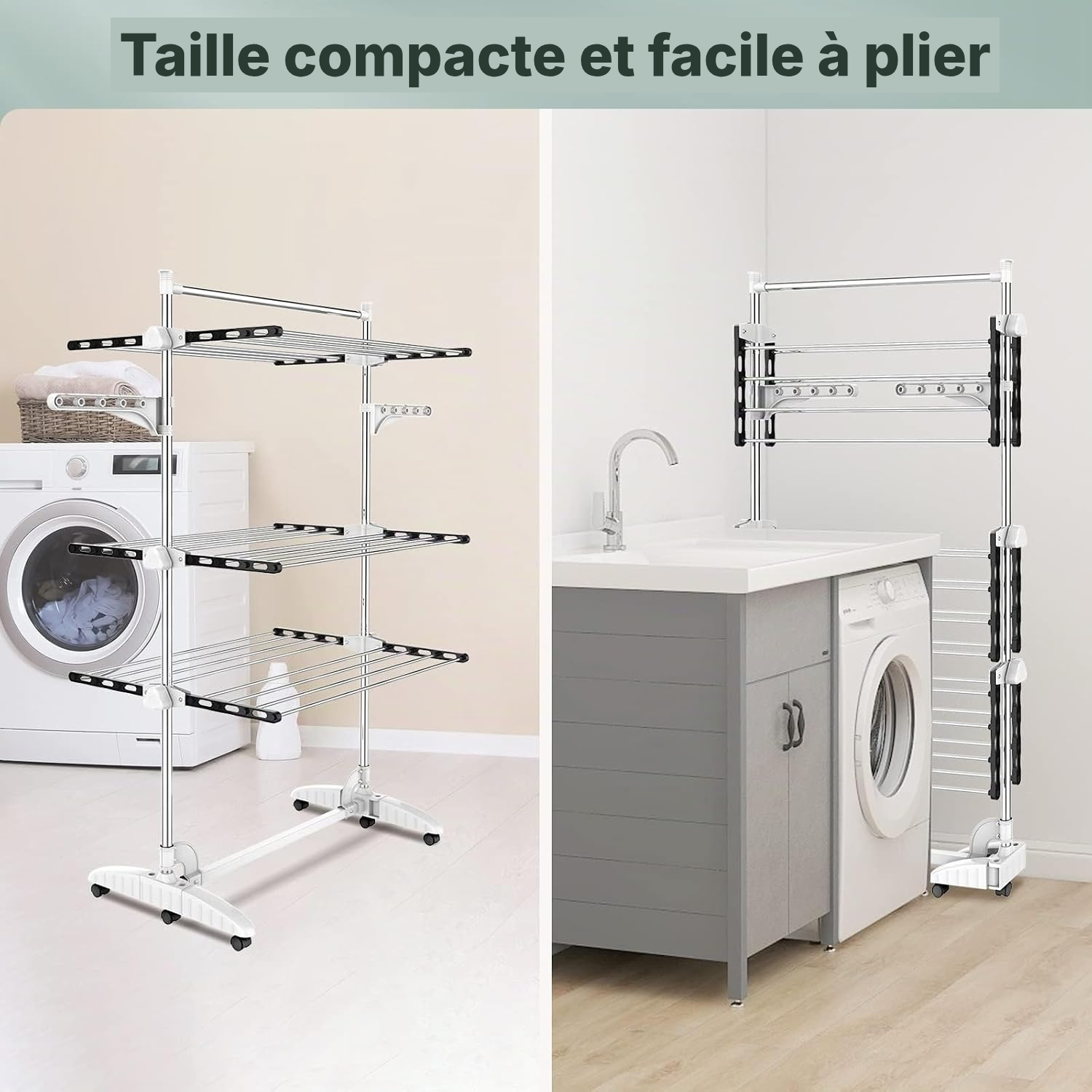 Étendoir noir 3 étagères avec barre mobile — 4