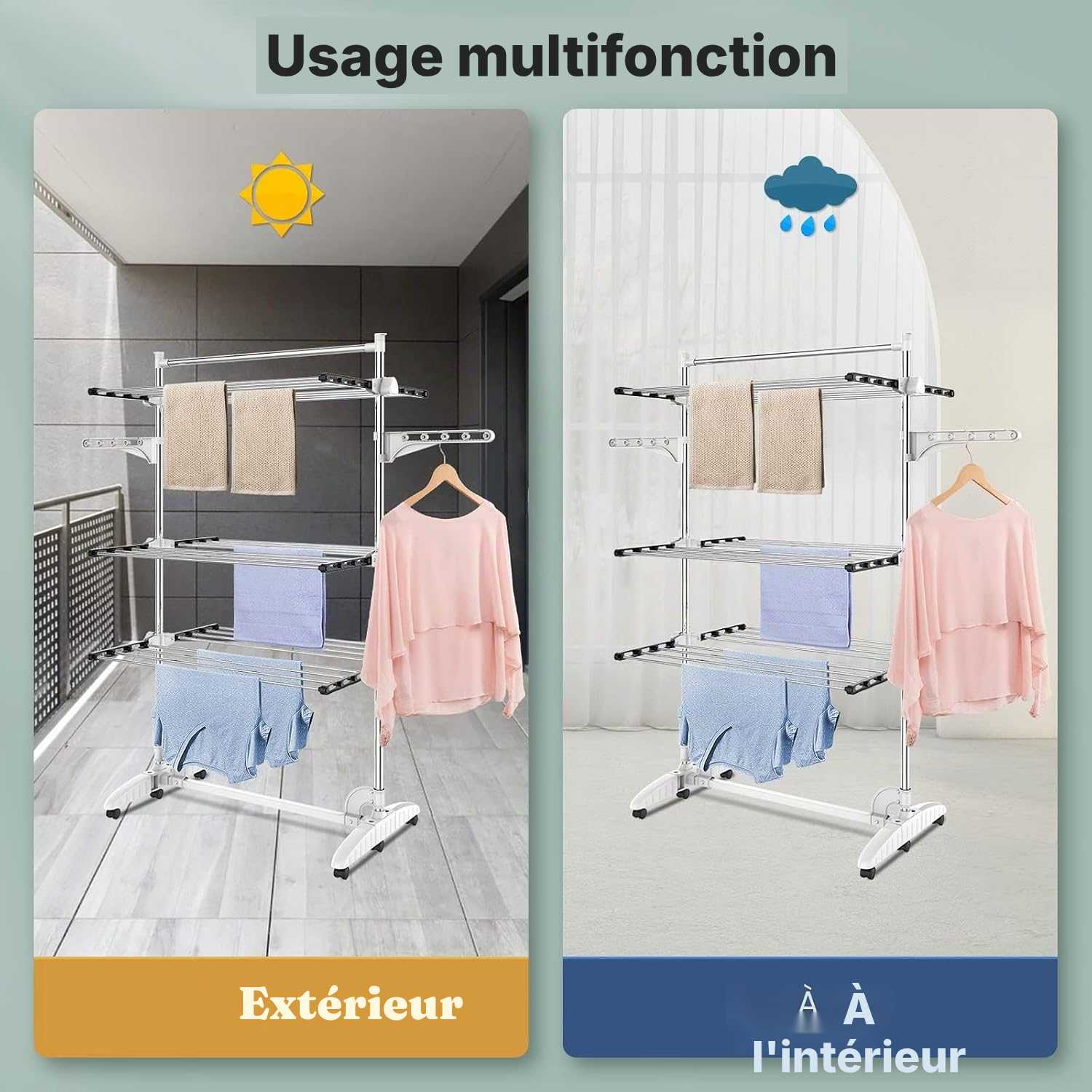 Étendoir noir 3 étagères avec barre mobile — 5