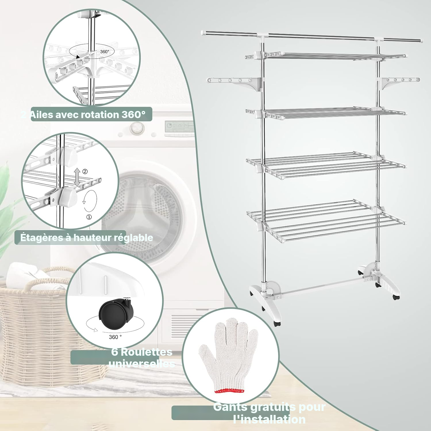 Séchoir pour le linge 4 étagères blanc mobile — 2