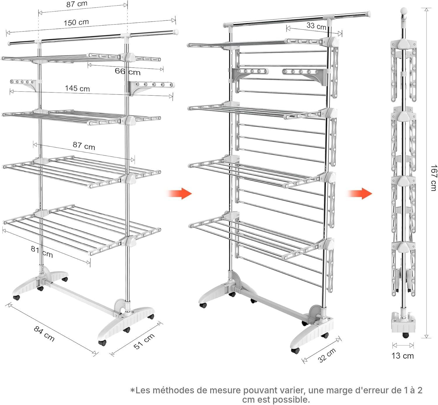 Séchoir pour le linge 4 étagères blanc mobile — 5