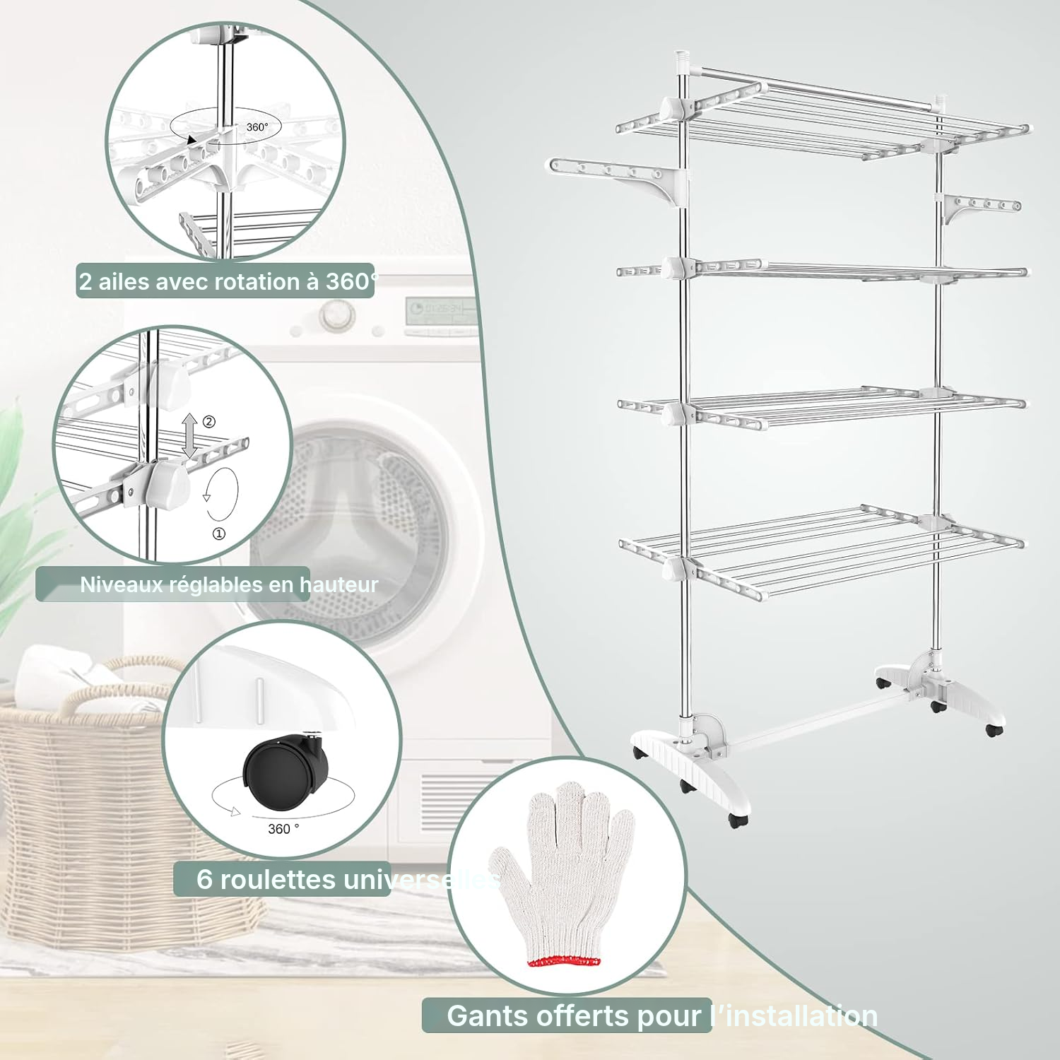 Étendoir pour linge Blanc 4 étagères, pliable — 2