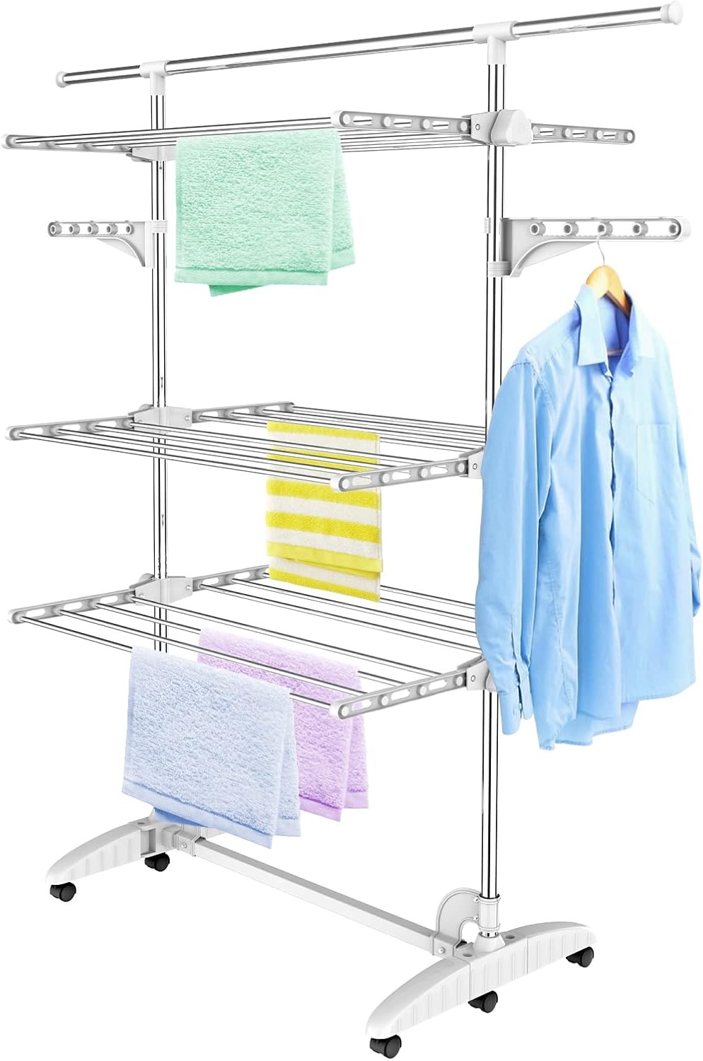 Étendoir à linge – blanc, 3 étagères, barre rallongée