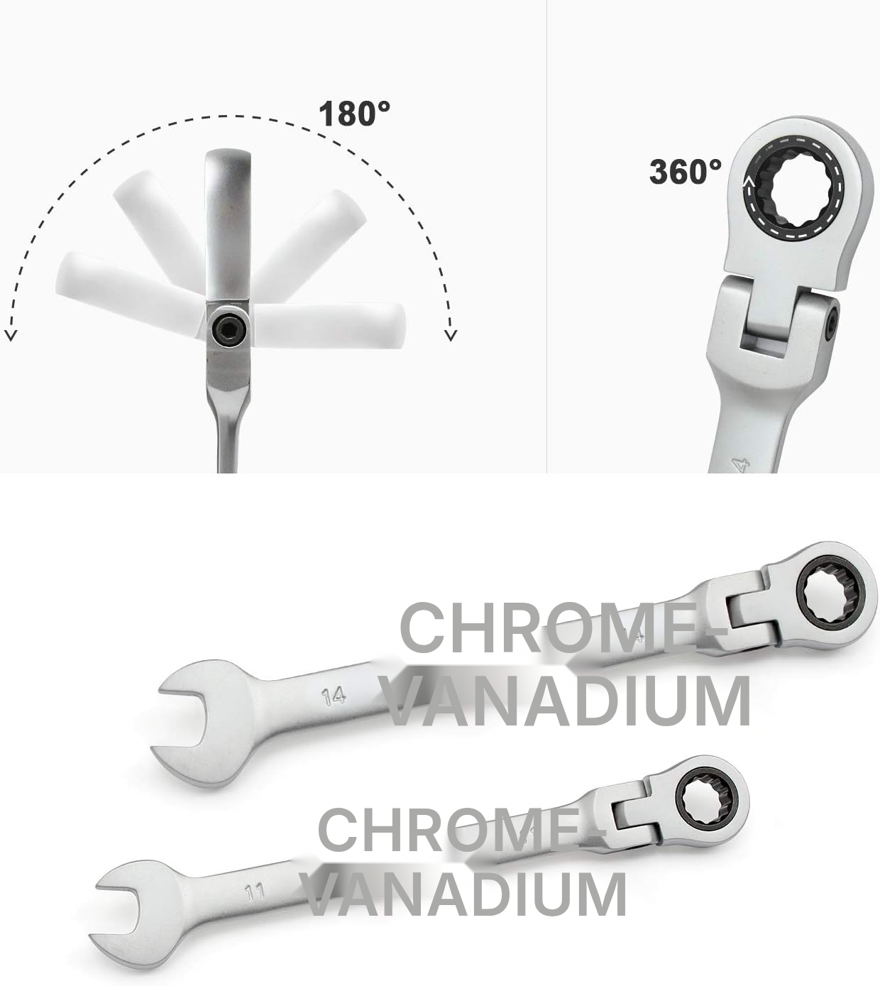 Jeu de clés mixtes à cliquet – tête flexible à 180° — 2
