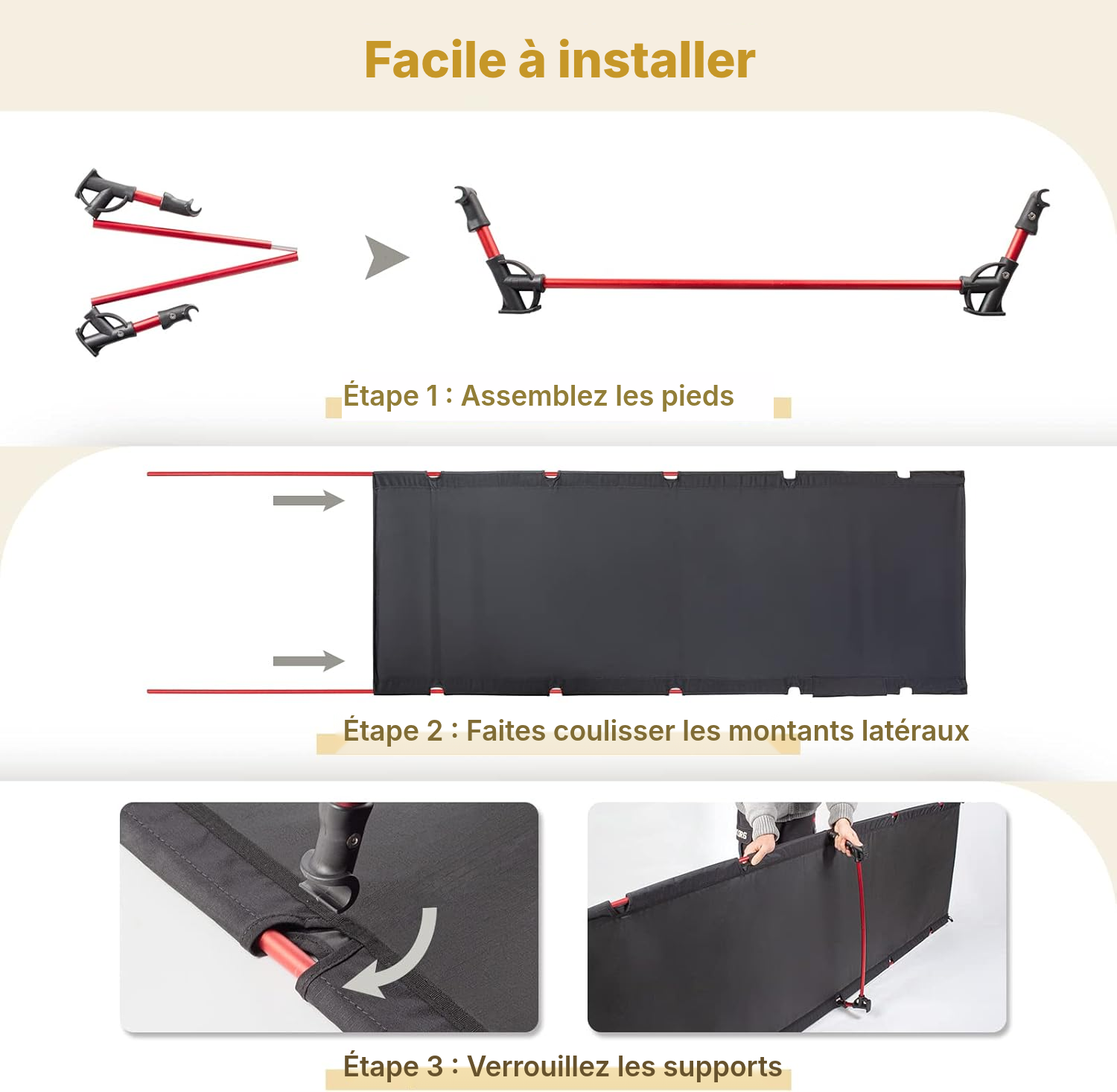Lit de camp noir — tube 60/70 mm, repos — 4