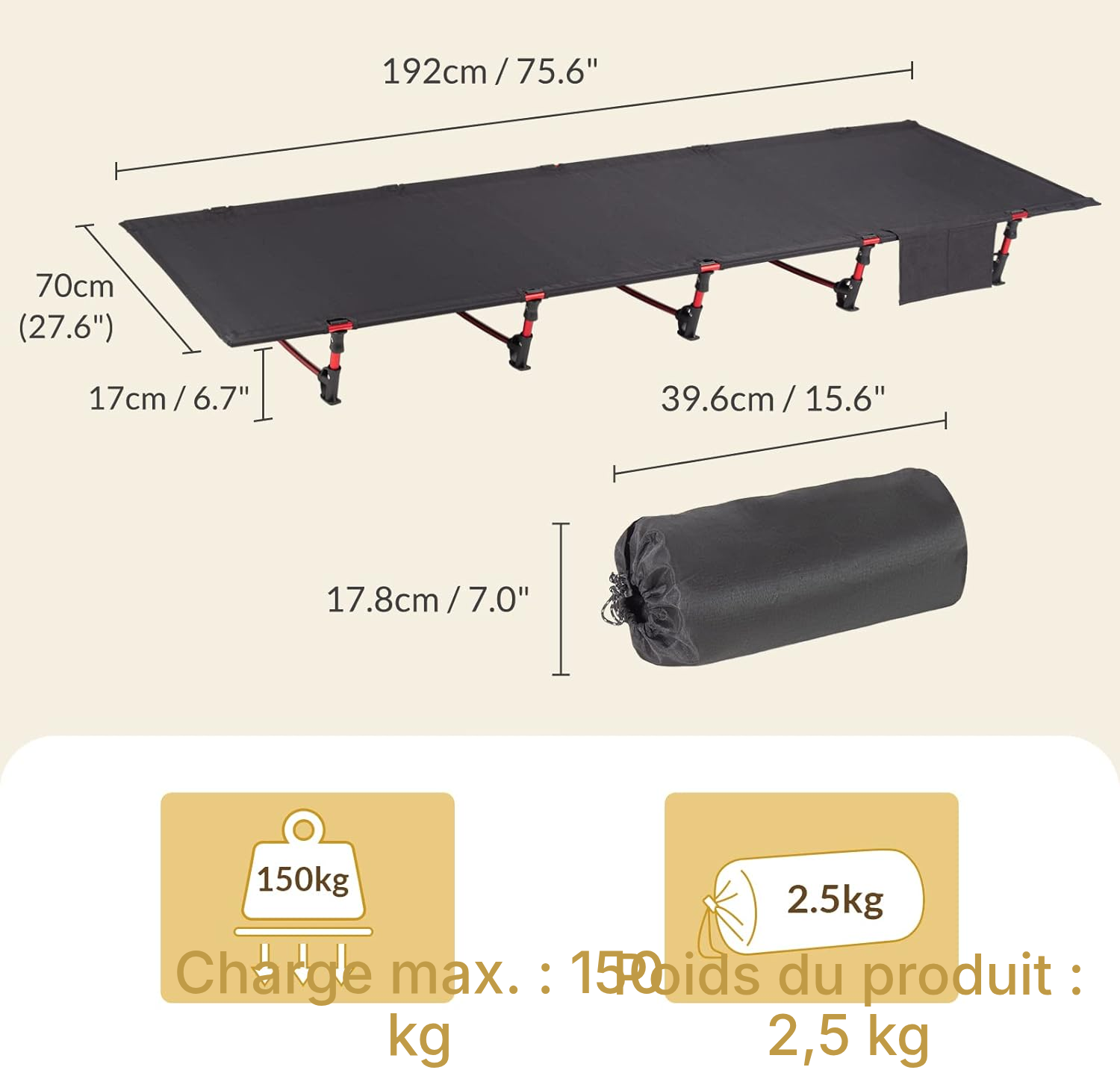 Lit de camp noir — tube 60/70 mm, repos — 5