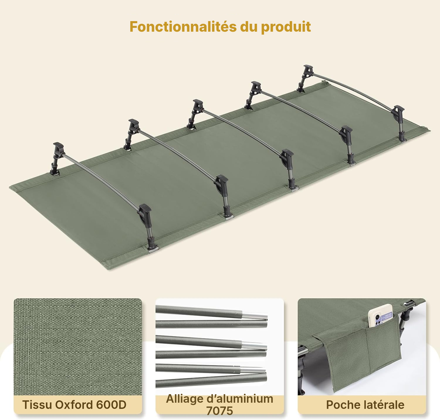 Lit picot vert olive — Oxford 600D, 150 kg — 2
