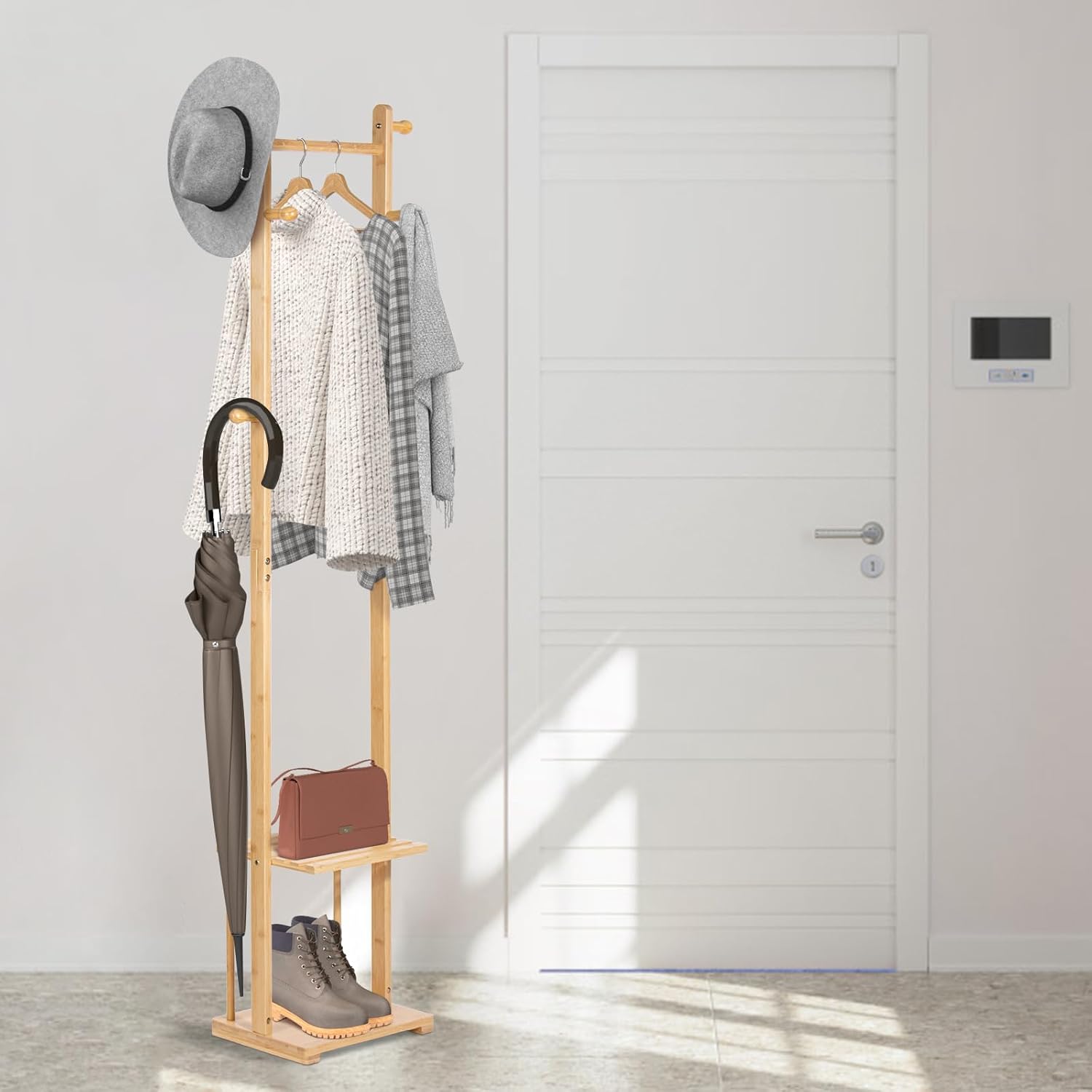 Portant manteau bambou — Bois naturel, entrée rangée — 6