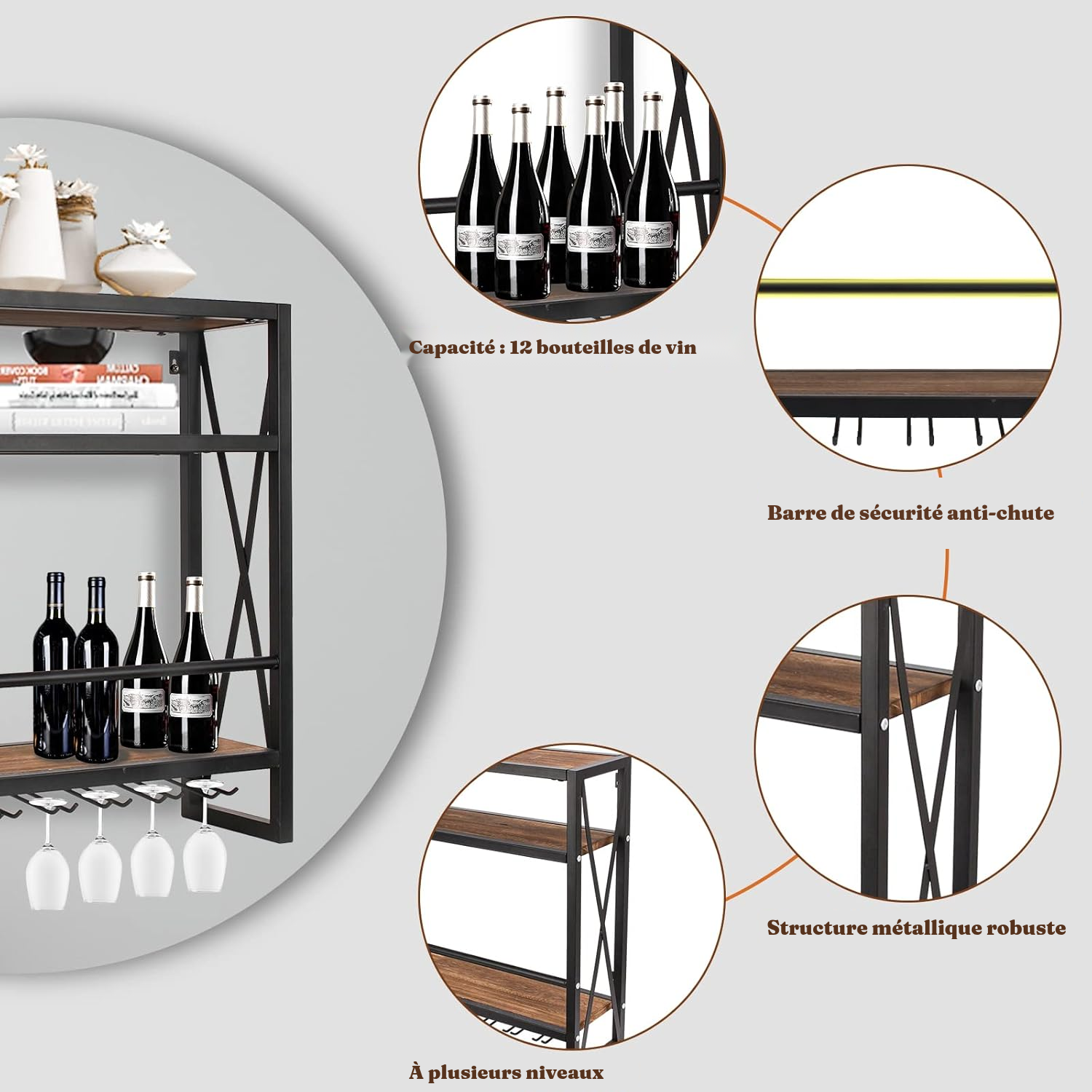 Bouteille rangement: étagère murale noire, 3 niveaux — 2